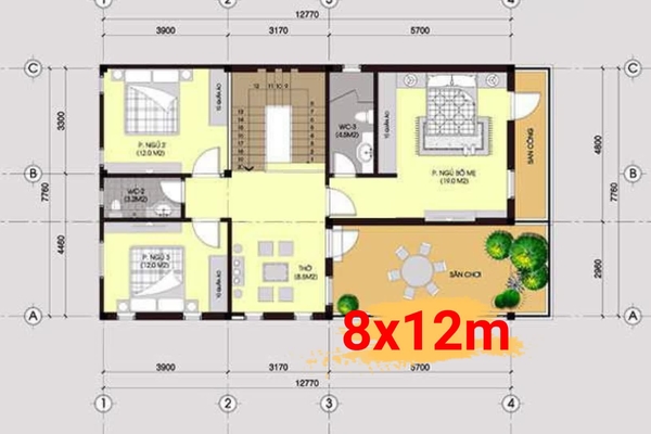 Tổng hợp các bản vẽ nhà 2 tầng 8x12m được sử dụng nhiều nhất