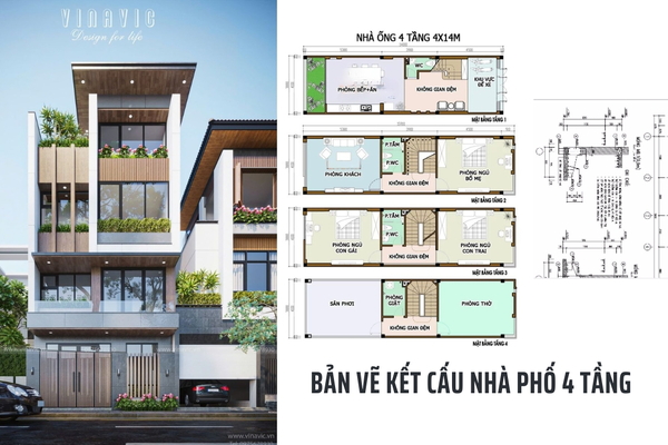 [Full] Bản vẽ kết cấu nhà phố 4 tầng & Mẫu thiết kế đẹp nhất