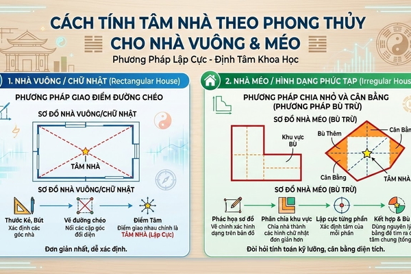 Cách tính tâm nhà theo phong thủy cho nhà vuông & méo