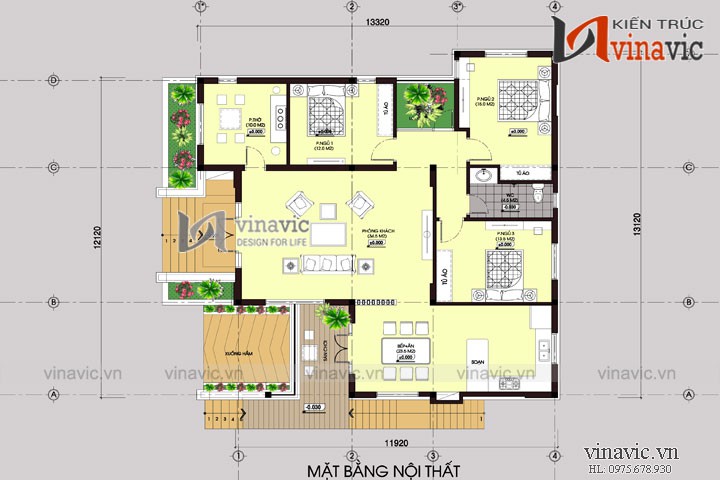 Mẫu thiết kế nhà mái thái 1 tầng 3 phòng ngủ rộng 13m dài 12m BT1510