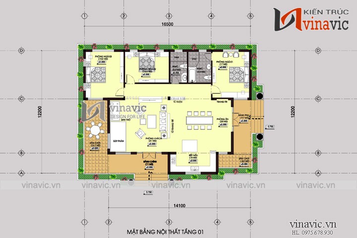 Thiết kế nhà vườn 1 tầng mái thái 3 phòng ngủ trên đất 19x12m BT1513