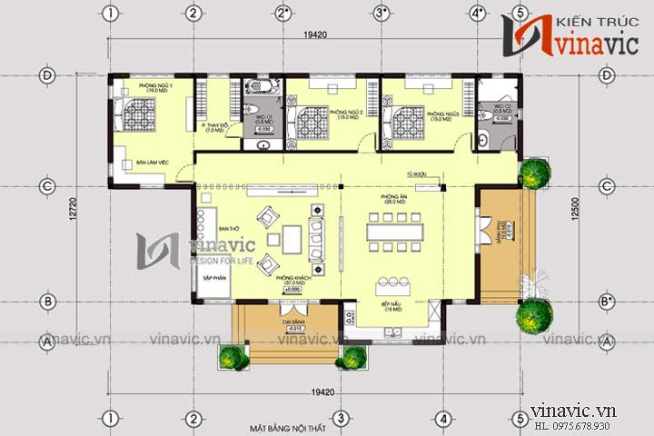 Nhà biệt thự mái thái 1 tầng đẹp phong cách hiện đại: BT1514