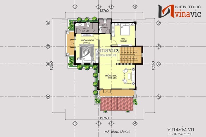 Thiết kế nhà 2 tầng 3 phòng ngủ 250m2 hình chữ L BT1477