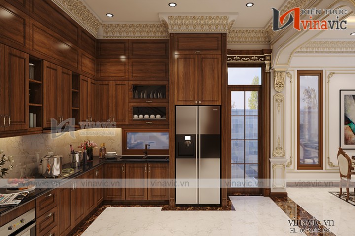 Nội thất phòng khách và bếp ăn biệt thự với tone màu gỗ sang trọng NTBT1803