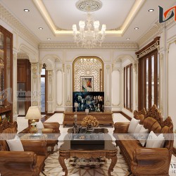 Nội thất phòng khách và bếp ăn biệt thự với tone màu gỗ sang trọng NTBT1803