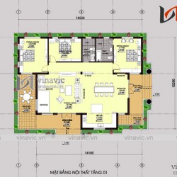 Thiết kế nhà vườn 1 tầng mái thái 3 phòng ngủ trên đất 19x12m BT1513