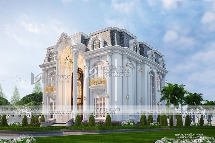 Mẫu thiết kế nhà tân cổ điển 2 tầng mặt tiền 12m ở Hưng Yên BT2113