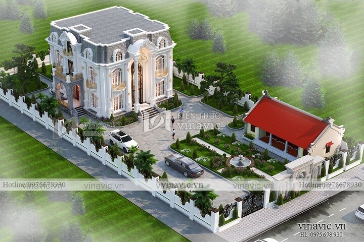 Mẫu thiết kế nhà tân cổ điển 2 tầng mặt tiền 12m ở Hưng Yên BT2113