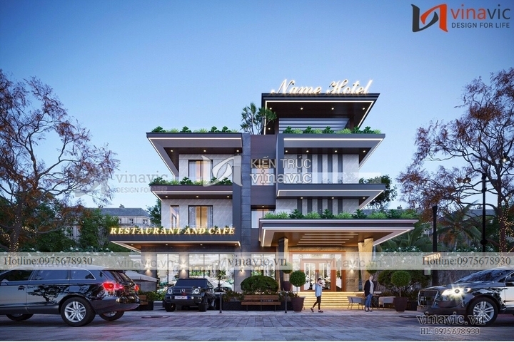 Thiết kế khách sạn hiện đại 3 tầng 1 tum 494m2 (26x19m) BT2273 