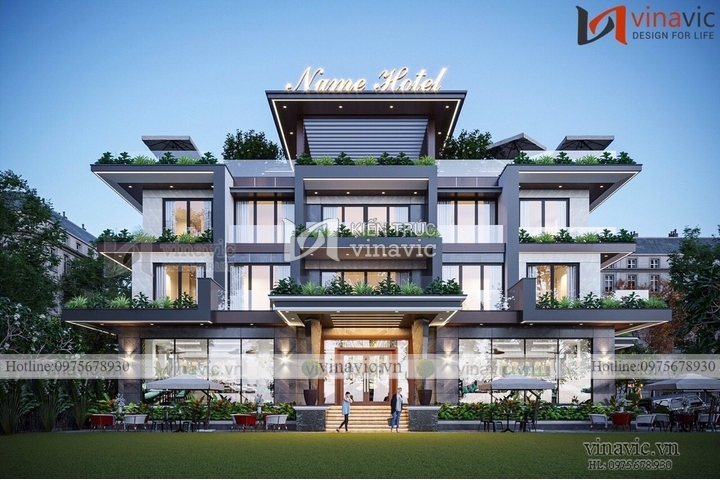 Thiết kế khách sạn hiện đại 3 tầng 1 tum 494m2 (26x19m) BT2273 
