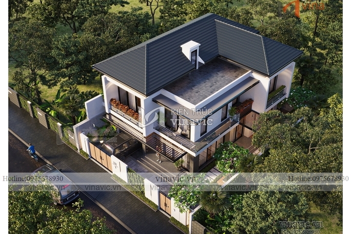 Thiết kế biệt thự 2 tầng mặt tiền 10m sâu 14m hiện đại BT2310