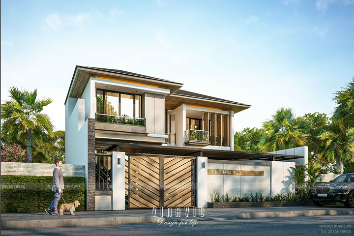 Thiết kế biệt thự mini 2 tầng hiện đại mái nhật 99m2 BT2313