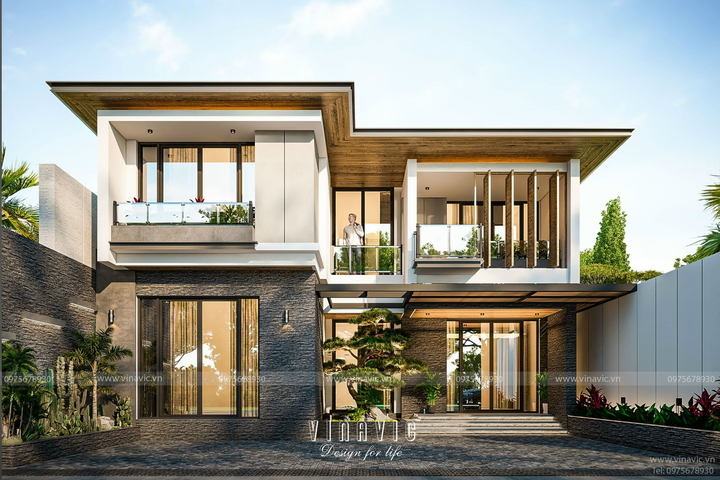 Thiết kế biệt thự mini 2 tầng hiện đại mái nhật 99m2 BT2313