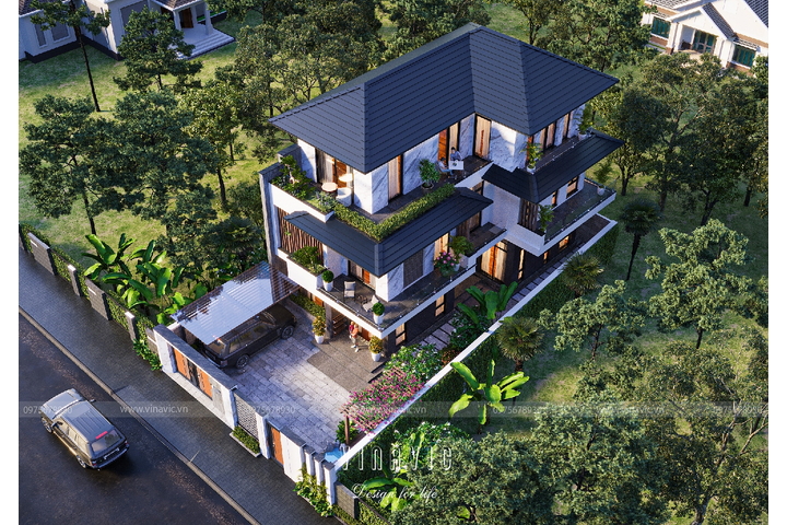 Biệt thự 3 tầng mặt tiền 9m sâu 15m phong cách hiện đại BT2315