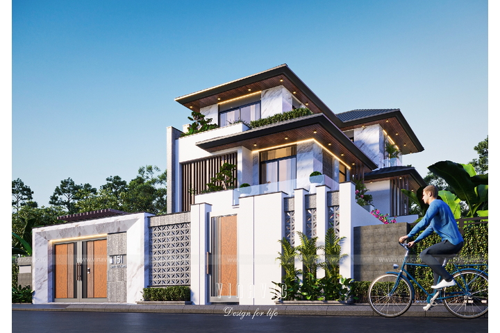 Biệt thự 3 tầng mặt tiền 9m sâu 15m phong cách hiện đại BT2315