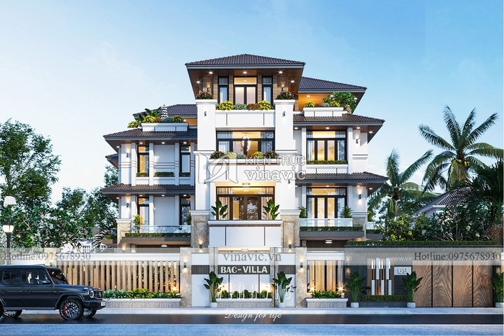 Mẫu biệt thự 4 tầng đẹp 2 mặt tiền 200m2 kích thước 15x13m BT2221