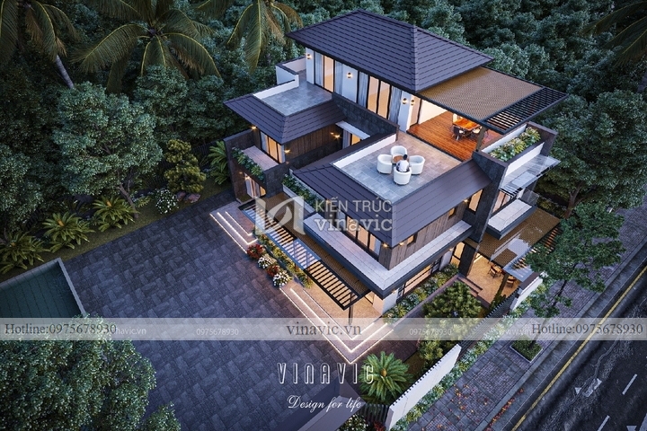 Biệt thự nhà vườn mái nhật 2 tầng hiện đại 255m2 (17x15m) BT2272