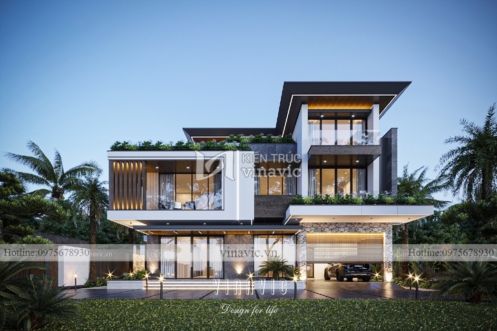 Biệt thự vuông 360m2 3 tầng mái bằng hiện đại (19x19m) BT2268