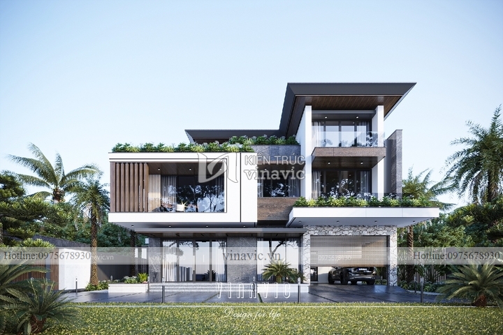 Biệt thự vuông 360m2 3 tầng mái bằng hiện đại (19x19m) BT2268