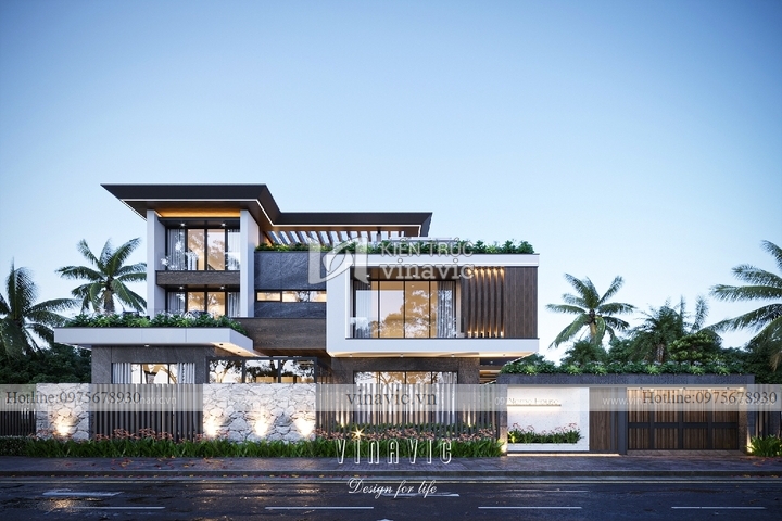 Biệt thự vuông 360m2 3 tầng mái bằng hiện đại (19x19m) BT2268