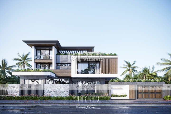 Biệt thự vuông 360m2 3 tầng mái bằng hiện đại (19x19m) BT2268