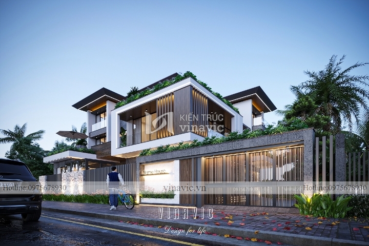 Biệt thự vuông 360m2 3 tầng mái bằng hiện đại (19x19m) BT2268