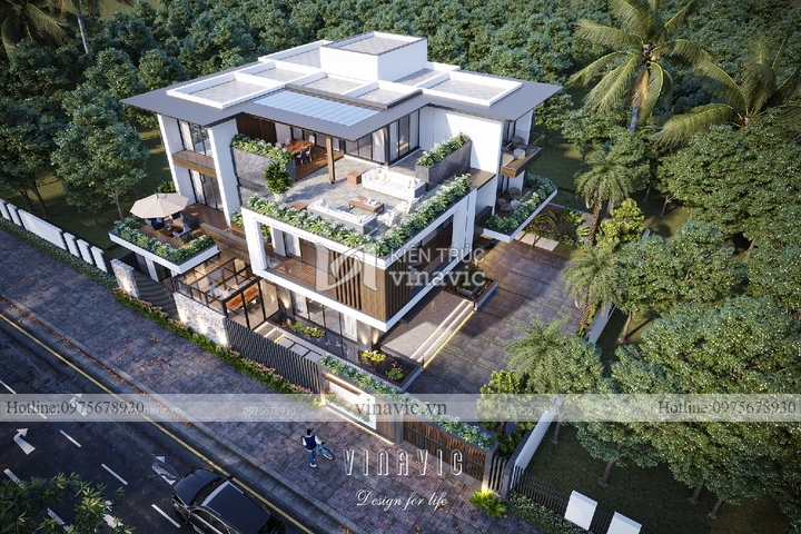 Biệt thự vuông 360m2 3 tầng mái bằng hiện đại (19x19m) BT2268