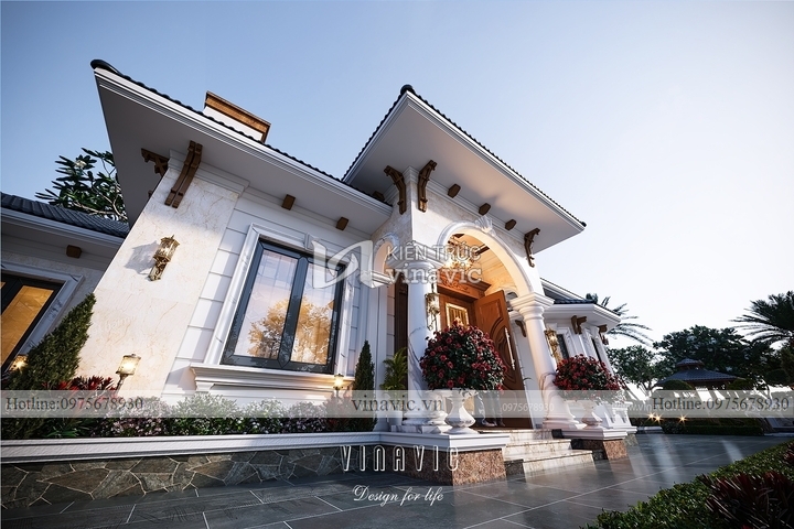 Mẫu biệt thự tân cổ điển 1 tầng 300m2 (28x11m) mái nhật BT2248
