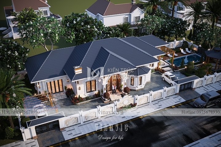 Mẫu biệt thự tân cổ điển 1 tầng 300m2 (28x11m) mái nhật BT2248