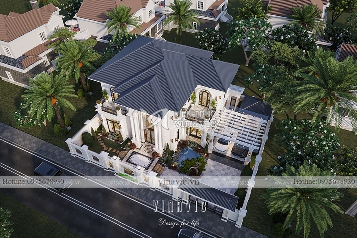 Mẫu biệt thự tân cổ điển mái nhật 2 tầng 195m2 (15x13m) BT2246