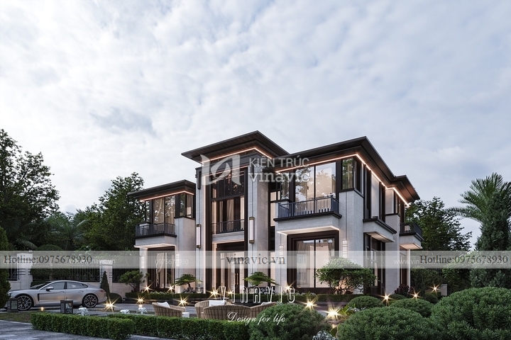 Thiết kế biệt thự 2 tầng mái bằng đẹp tone màu trắng xám 230m2 BT2252