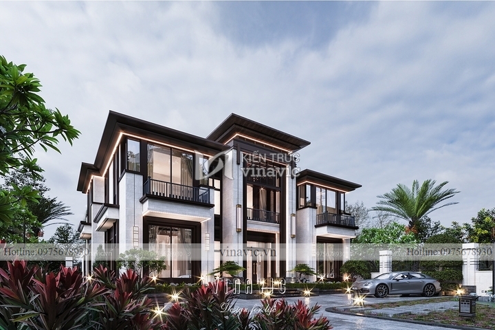 Thiết kế biệt thự 2 tầng mái bằng đẹp tone màu trắng xám 230m2 BT2252