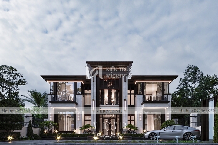 Thiết kế biệt thự 2 tầng mái bằng đẹp tone màu trắng xám 230m2 BT2252
