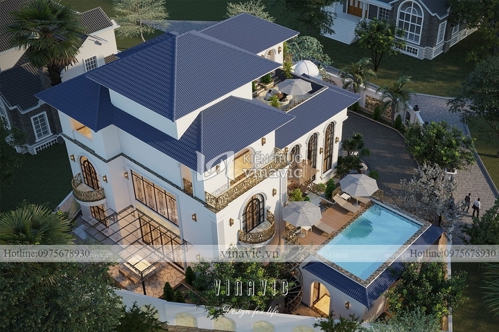 Mẫu nhà 2 mặt tiền vát góc 2,5 tầng tân cổ điển mái nhật BT2144