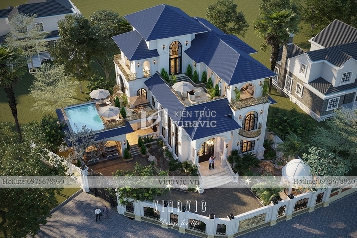 Mẫu nhà 2 mặt tiền vát góc 2,5 tầng tân cổ điển mái nhật BT2144