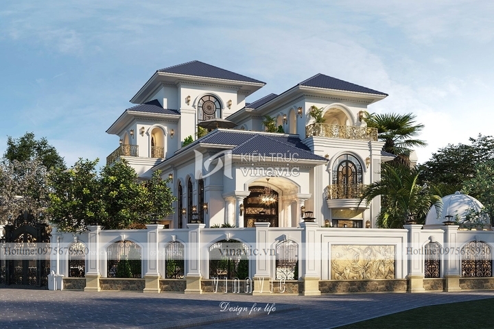 Mẫu nhà 2 mặt tiền vát góc 2,5 tầng tân cổ điển mái nhật BT2144