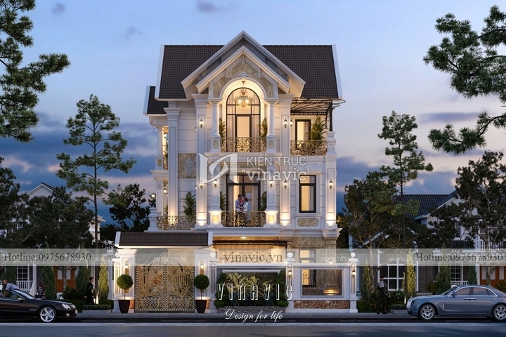 Mẫu nhà biệt thự 3 tầng tân cổ điển mái thái BT2142