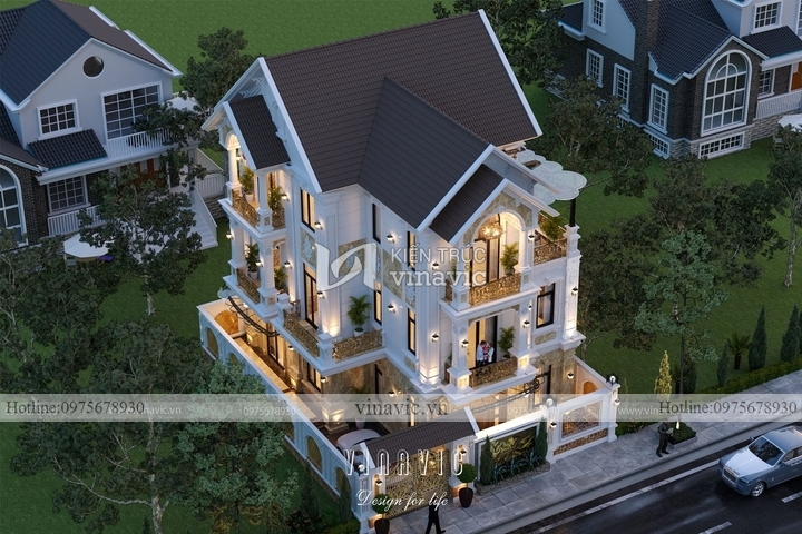 Mẫu nhà biệt thự 3 tầng tân cổ điển mái thái BT2142