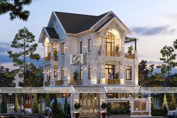 Mẫu nhà biệt thự 3 tầng tân cổ điển mái thái BT2142
