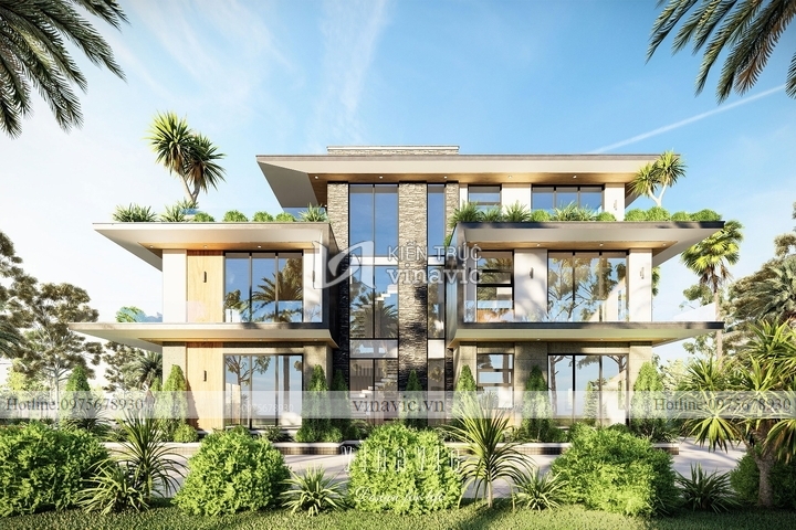 Mẫu thiết kế biệt thự hiện đại 3 tầng có bể bơi vô cực BT2128