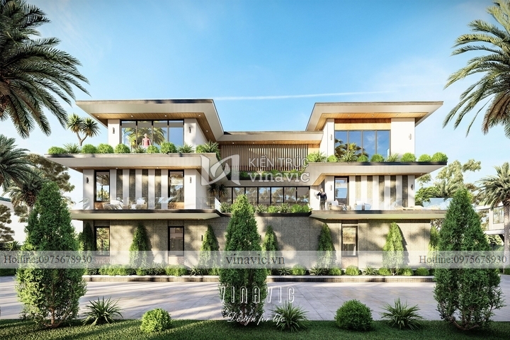 Mẫu thiết kế biệt thự hiện đại 3 tầng có bể bơi vô cực BT2128