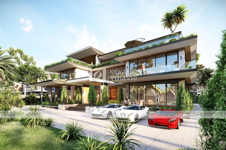 Mẫu thiết kế biệt thự hiện đại 3 tầng có bể bơi vô cực BT2128