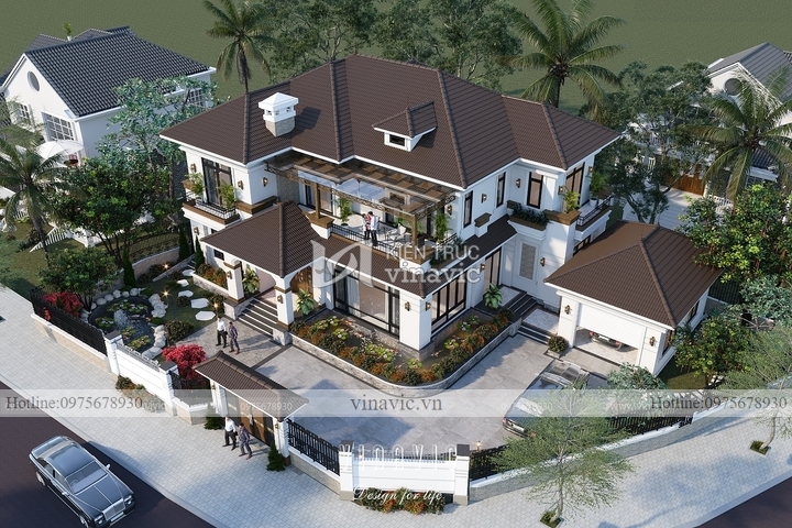 Mẫu thiết kế nhà đẹp 2 tầng mái nhật hiện đại màu trắng nâu BT2239