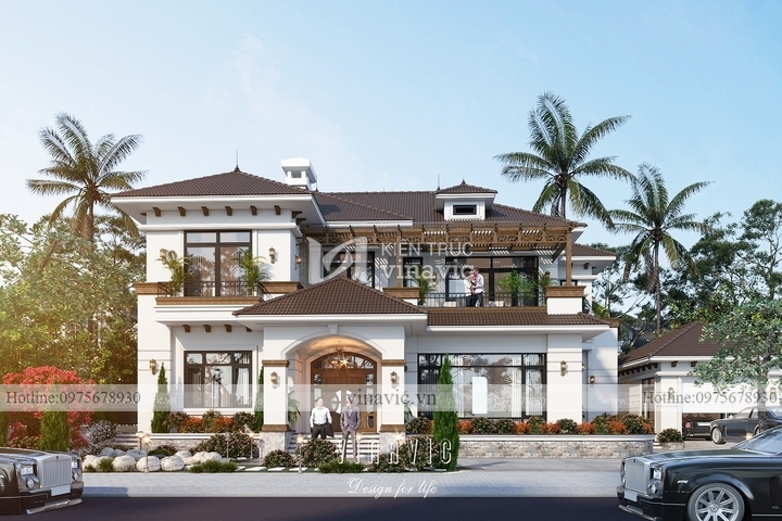 Mẫu thiết kế nhà đẹp 2 tầng mái nhật hiện đại màu trắng nâu BT2239