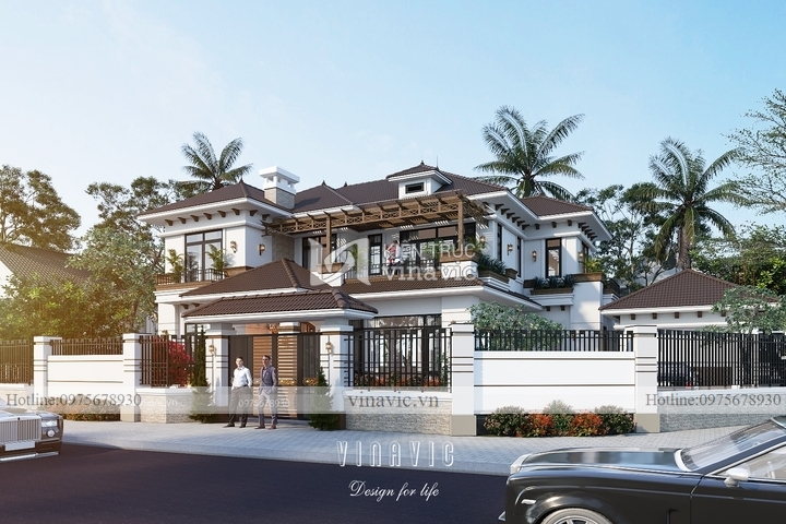 Mẫu thiết kế nhà đẹp 2 tầng mái nhật hiện đại màu trắng nâu BT2239