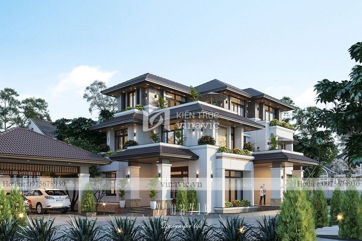 Thiết kế biệt thự 3 tầng phong cách hiện đại mái nhật BT2141