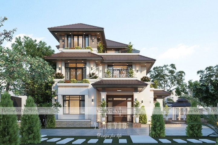 Thiết kế biệt thự 3 tầng phong cách hiện đại mái nhật BT2141