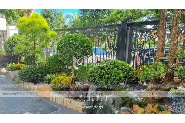 Thi công tiểu cảnh sân vườn trước nhà biệt thự Hoàng Lan Vinhomes TCSV2001