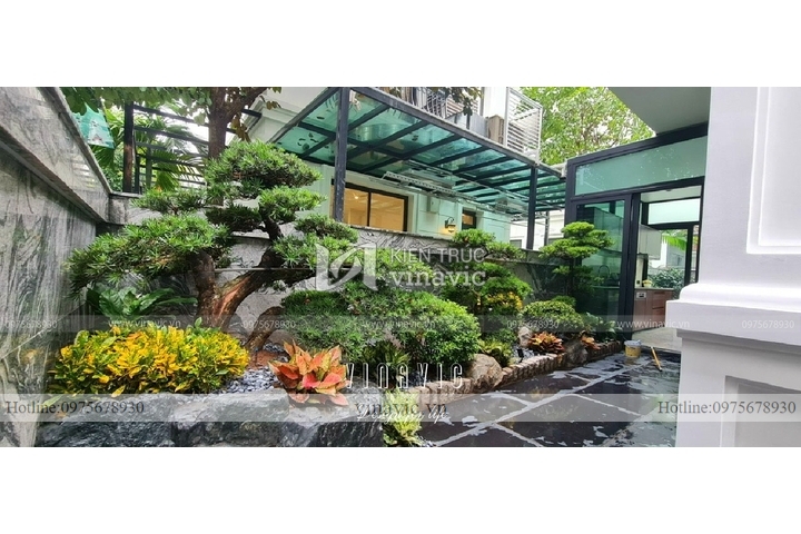 Thi công tiểu cảnh sân vườn trước nhà biệt thự Hoàng Lan Vinhomes TCSV2001