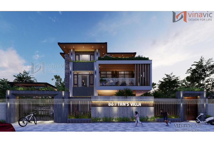 Mẫu thiết kế biệt thự mặt tiền 14m sâu 10m 3 tầng hiện đại BT2332